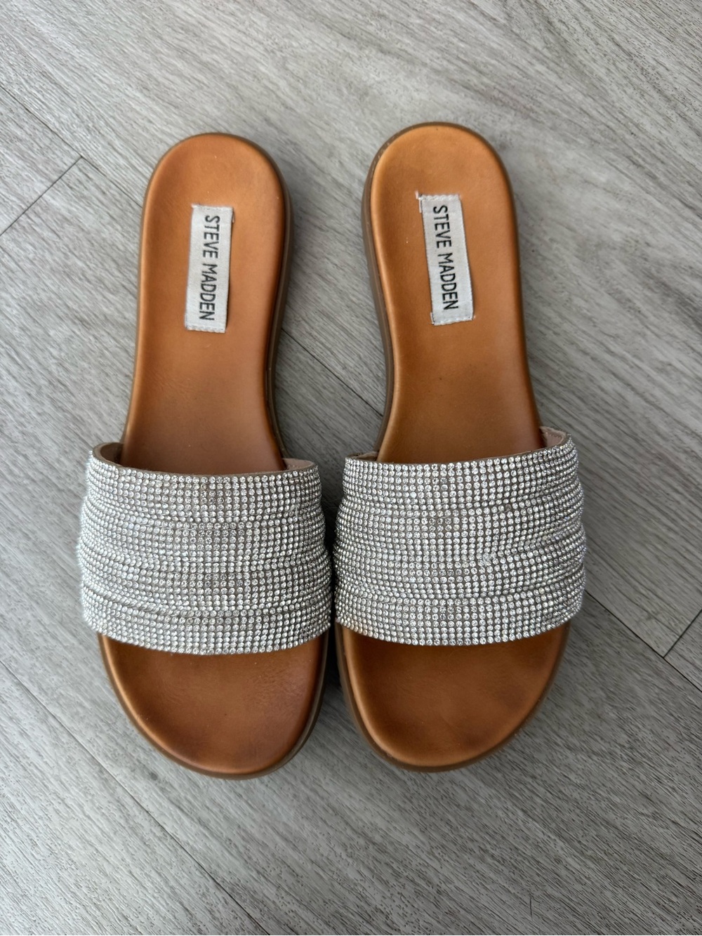 Steve Madden Bronze Footbed Slide Sandals with Silver Crystal Strap